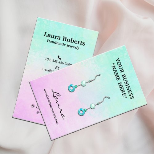  Pink and Aqua blue watercolor stud earring Busine Business Card