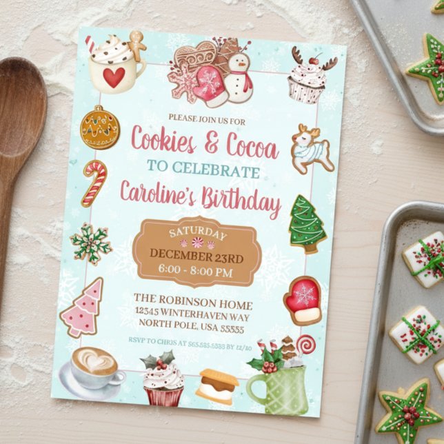 Pink and Aqua Christmas Cookies and Cocoa Birthday Invitation (cute cookies and hot cocoa christmas birthday party exchange invitations)