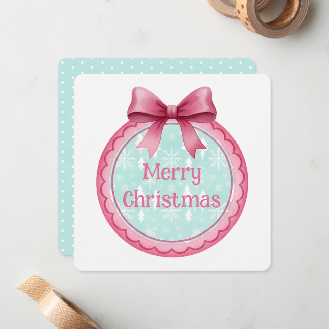 Pink and Aqua Christmas Ornament Note Card (Front/Back In Situ)