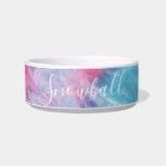 Pink and Aqua Colorful Tie Dye Personalized Pet Bowl<br><div class="desc">Colorful pink,  turquoise blue,  yellow,  and green rainbow tie dye personalized cat or dog bowl with a texture like fabric printed directly on it,  with your pet's name in a fun and modern script font that can be edited using the template editor if desired.</div>