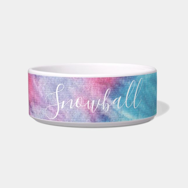 Pink and Aqua Colorful Tie Dye Personalized Pet Bowl (Front)
