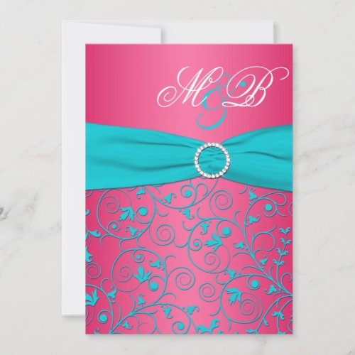 Pink and Aqua Damask Monogrammed Invitation