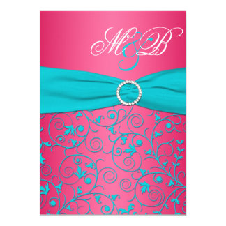 Pink and Aqua Damask Monogrammed Invitation