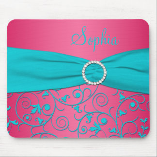 Pink and Aqua Damask Mousepad