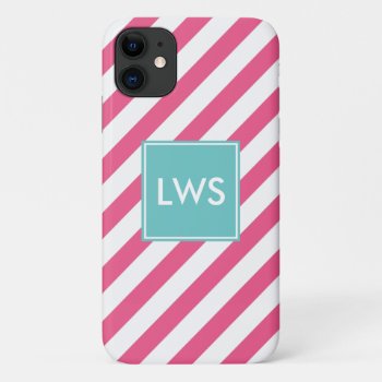 Pink And Aqua Diagonal Stripes Monogram Iphone 11 Case by heartlockedcases at Zazzle