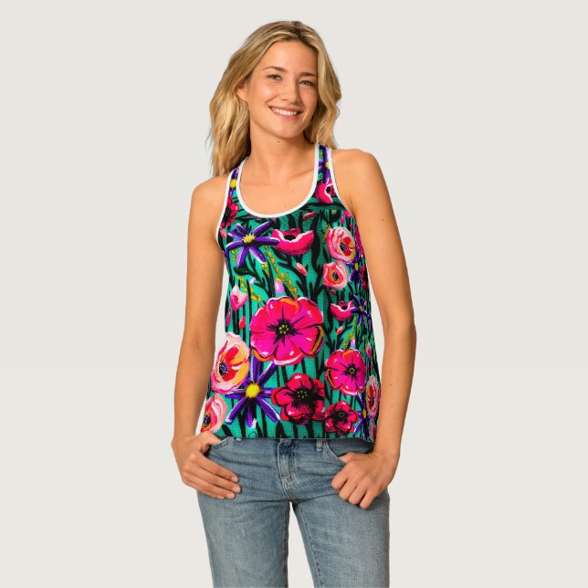 Pink and Aqua Floral Tank Top (Front Full)
