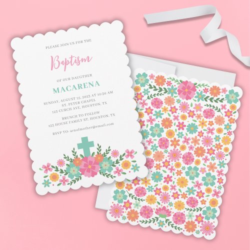 Pink and aqua flowers with cross baby girl Baptism Invitation