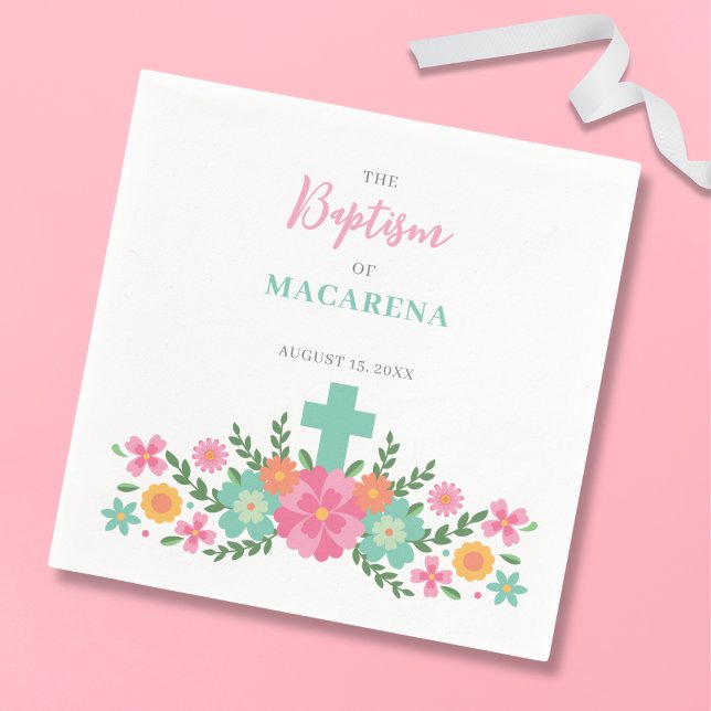 Pink and aqua flowers with cross baby girl Baptism Napkins (Creator Uploaded)
