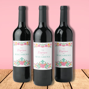 Pink and aqua flowers with cross baby girl Baptism Wine Label
