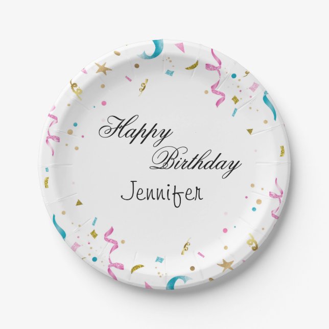 Pink and Aqua Glitter Confetti Paper Plates (Front)