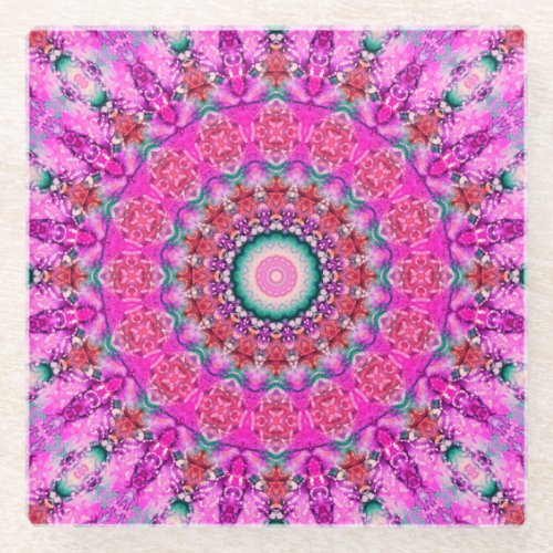 Pink and Aqua Mandala Kaleidoscope Glass Coaster