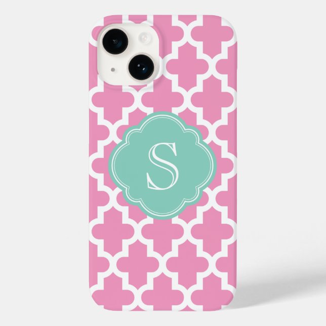 Pink and Aqua Modern Moroccan Custom Monogram Case-Mate iPhone Case (Back)
