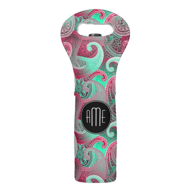 Pink and Aqua Paisley with Custom Monogram Wine Bag (Front)