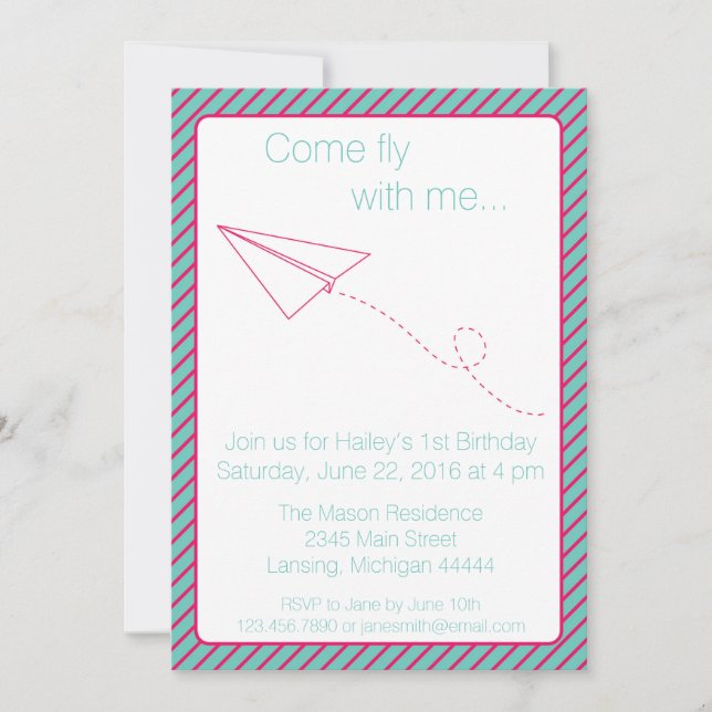 Pink and Aqua Paper Airplane Birthday Invite (Front)