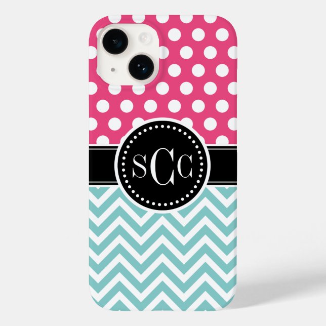 Pink and Aqua Polka Dot Chevron Monogram Case-Mate iPhone Case (Back)