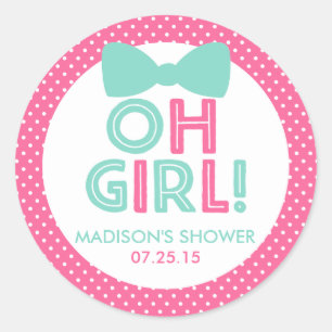 Pink and Aqua Polka Dot Oh Girl Baby Shower Classic Round Sticker