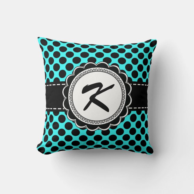 Pink and Aqua Polka Dots Retro Monogram Letter K Throw Pillow (Front)