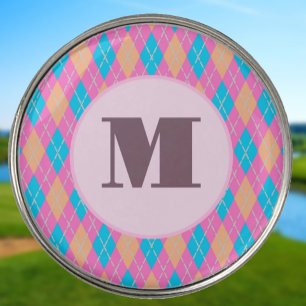 Pink and Aqua preppy argyle custom monogram ladies Golf Ball Marker