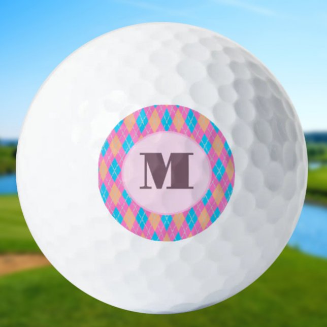 Pink and Aqua preppy argyle custom monogram ladies Golf Balls (Creator Uploaded)