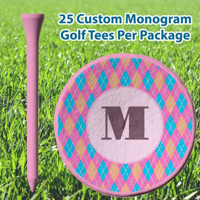 Pink and Aqua preppy argyle custom monogram ladies Golf Tees (Creator Uploaded)