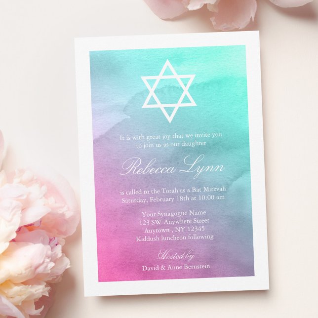 Pink and Aqua Watercolor Bat Mitzvah Invitations (Creator Uploaded)