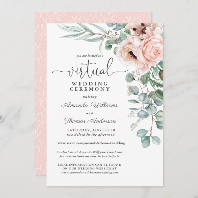 Pink and Beige Floral Poppies Virtual Wedding Invitation (Front/Back)