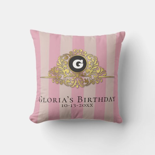 Pink and Beige Gold Monogram Elegant Throw Pillow