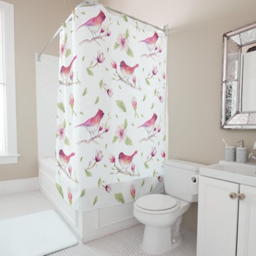 Pink And Beige Magnolia And Birds Shower Curtain