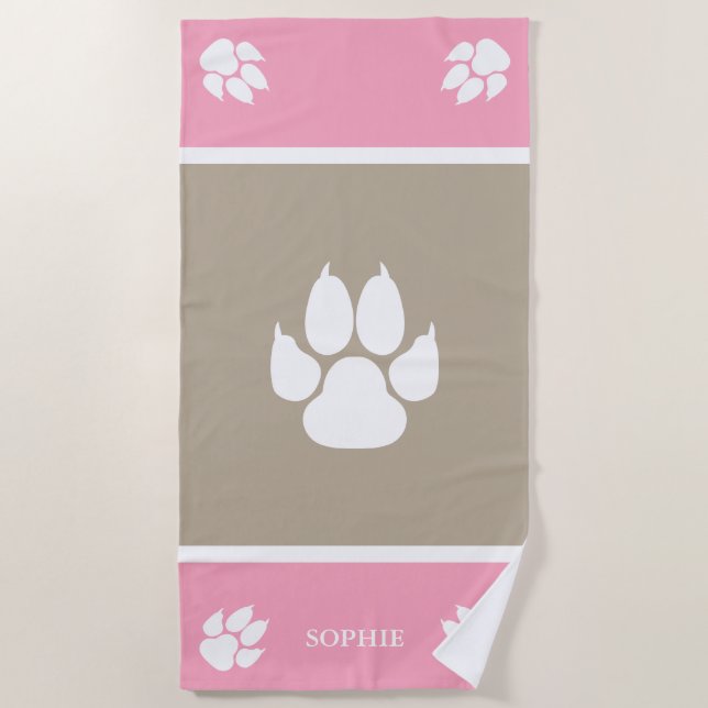 Pink And Beige Paws With Custom Name Beach Towel (Front)