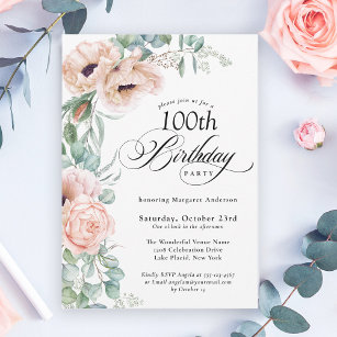 Pink and Beige Watercolor Floral 100th Birthday Invitation