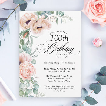 Pink And Beige Watercolor Floral 100th Birthday Invitation by DancingPelican at Zazzle