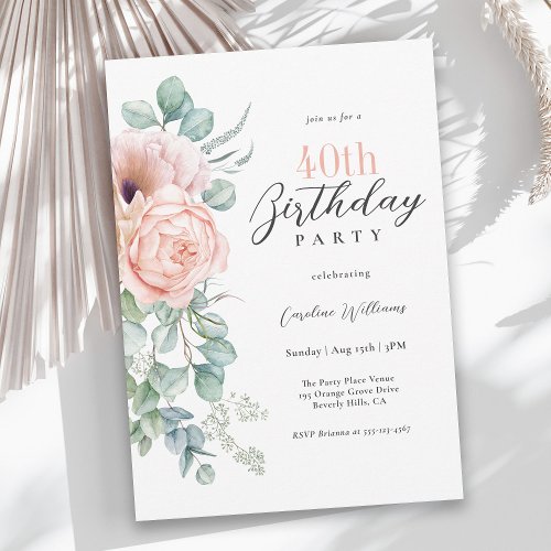 Pink and Beige Watercolor Floral 40th Birthday Invitation
