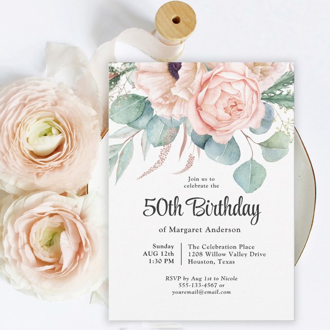 Pink and Beige Watercolor Floral 50th Birthday Invitation (Creator Uploaded)
