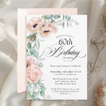 Pink and Beige Watercolor Floral 60th Birthday Invitation<br><div class="desc">A beautifully feminine 60th birthday party invitation to celebrate this special milestone birthday, this design features lovely bouquets of soft watercolor poppies, roses, eucalyptus and trailing greenery in pastel beige, pink, green and blue-green. Celebrate the guest of honor in charming style with birthday spelled out in beautiful calligraphy script. Personalize...</div>