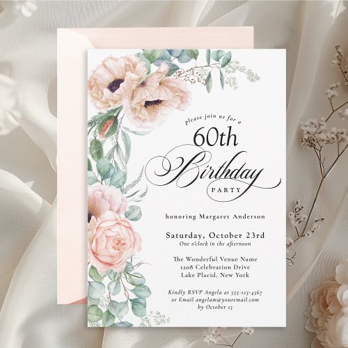 Pink and Beige Watercolor Floral 60th Birthday Invitation