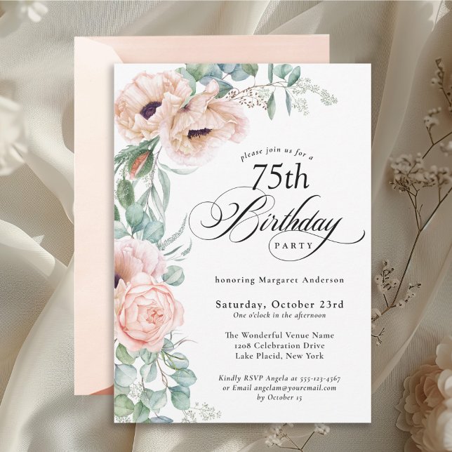 Pink and Beige Watercolor Floral 75th Birthday Invitation (Available in both printed and digital download formats.)