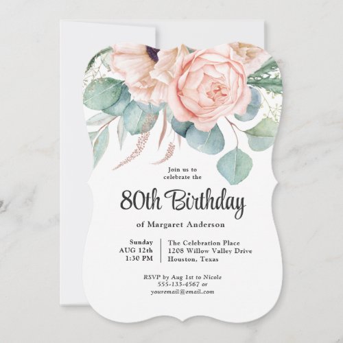 Pink and Beige Watercolor Floral 80th Birthday Invitation