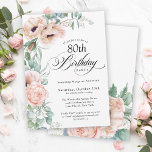 Pink and Beige Watercolor Floral 80th Birthday Invitation<br><div class="desc">A beautifully feminine 80th birthday party invitation to celebrate this special milestone birthday, this design features lovely bouquets of soft watercolor poppies, roses, eucalyptus and trailing greenery in pastel beige, pink, green and blue-green. Celebrate the guest of honor in charming style with birthday spelled out in beautiful calligraphy script. Personalize...</div>