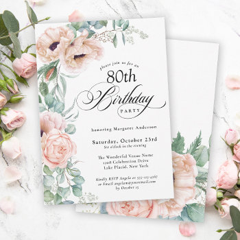Pink And Beige Watercolor Floral 80th Birthday Invitation by DancingPelican at Zazzle