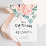 Pink and Beige Watercolor Floral 80th Birthday Invitation<br><div class="desc">A beautifully feminine 80th birthday party invitation to celebrate this special milestone birthday, this design features a lovely bouquet of watercolor poppies, roses, eucalyptus and trailing greenery in pastel beige, pink, green and blue-green. Celebrate the guest of honor in charming style with this unique invitation notch shaped design. Personalize the...</div>