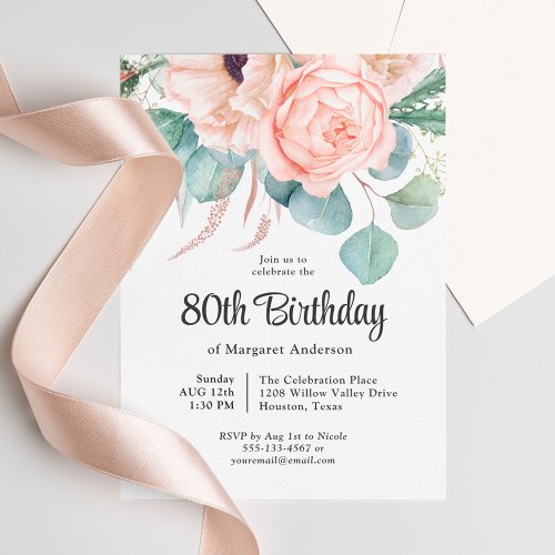 Pink and Beige Watercolor Floral 80th Birthday Invitation