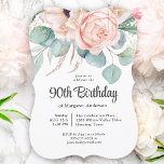 Pink and Beige Watercolor Floral 90th Birthday Invitation<br><div class="desc">A beautifully feminine 90th birthday party invitation to celebrate this special milestone birthday, this design features a lovely bouquet of watercolor poppies, roses, eucalyptus and trailing greenery in pastel beige, pink, green and blue-green. Celebrate the guest of honor in charming style with this unique invitation notch shaped design. Personalize the...</div>
