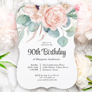 Pink and Beige Watercolor Floral 90th Birthday Invitation