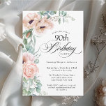 Pink and Beige Watercolor Floral 90th Birthday Invitation<br><div class="desc">Celebrate a 90th birthday in beautiful style with this feminine birthday party invitation that recognizes this special milestone birthday. This design features lovely bouquets of soft watercolor poppies, roses, eucalyptus and trailing greenery in pastel beige, pink, green and blue-green. Celebrate the guest of honor in elegant style with birthday spelled...</div>