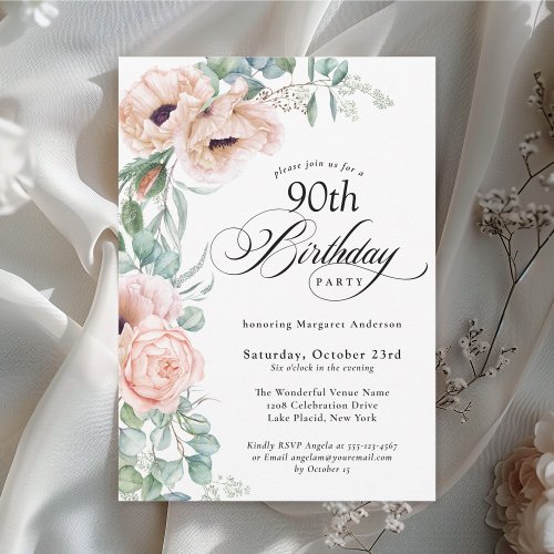 Pink and Beige Watercolor Floral 90th Birthday Invitation