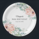 Pink and Beige Watercolor Floral 90th Birthday Paper Plates<br><div class="desc">A beautifully feminine personalized design featuring bouquet borders of watercolor poppies, roses, eucalyptus and trailing greenery in pastel beige, pink, green and blue-green. Personalize the text template with the name of the Guest of Honor's Name and birthday date or date of your celebration. These plates come in 2 sizes: shown...</div>