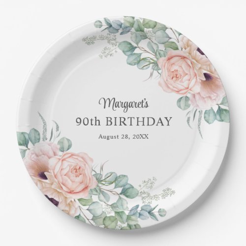 Pink and Beige Watercolor Floral 90th Birthday Paper Plates
