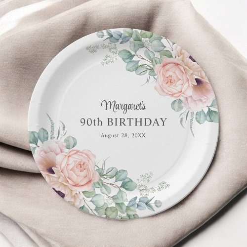 Pink and Beige Watercolor Floral 90th Birthday Paper Plates