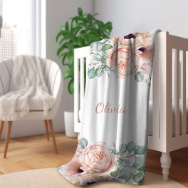 Pink and Beige Watercolor Floral Baby Blanket