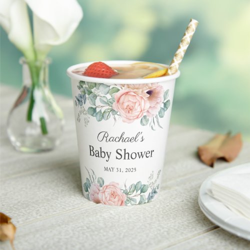 Pink and Beige Watercolor Floral Baby Shower Paper Cups